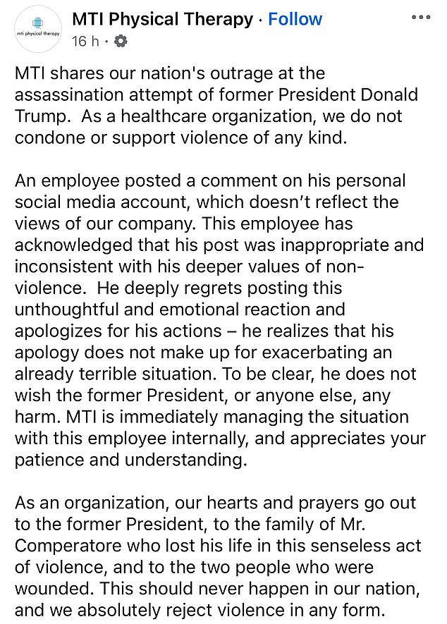 MTI Physical Therapy posted the above statement on Facebook