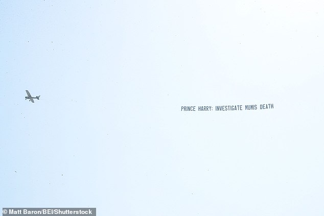 A small plane was spotted flying over the ESPY Awards carrying a mysterious message addressed to Prince Harry, urging him to 'investigate Mumis' death'