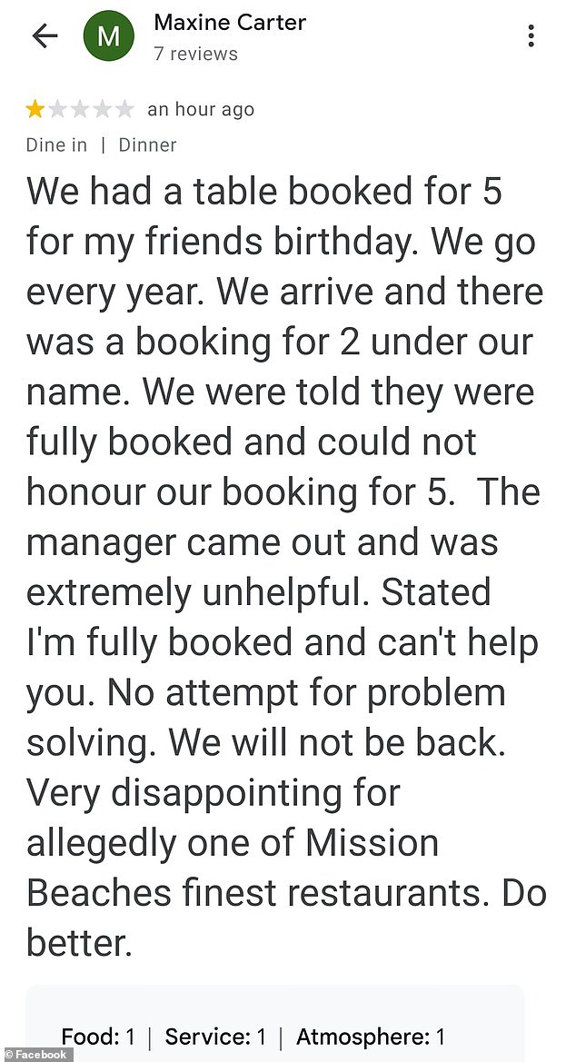 The person who made the booking said (pictured): 'The manager came out and was extremely unhelpful... No attempt to resolve the issue. We will not be back'