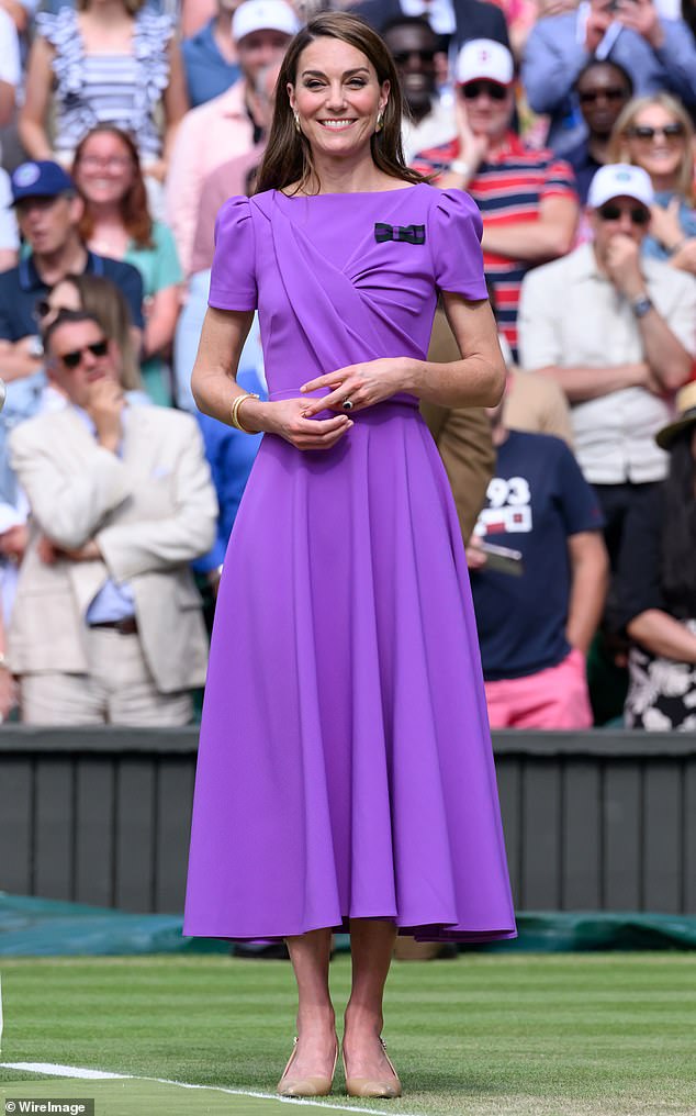 Pictured: The 42-year-old Princess of Wales attended the men's singles final at Wimbledon last weekend for the first time since her cancer diagnosis.