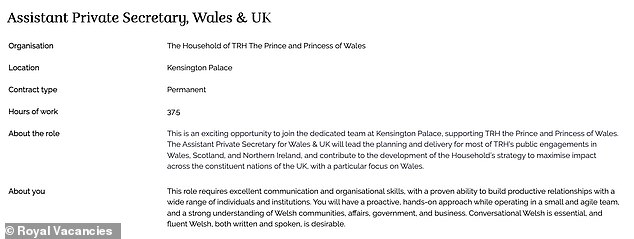 The job description highlights that there will be a 'specific focus on Wales' to 'maximise' the couple's impact