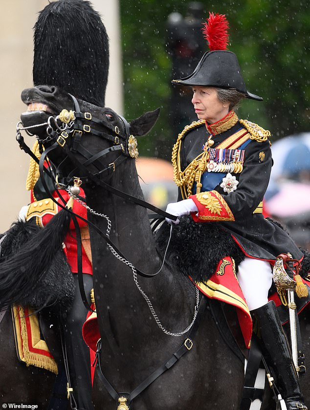 The visit comes after the Princess Royal was rushed to hospital after suffering a minor head injury at her Gatcombe Park estate in Gloucestershire. She is pictured riding a horse during Trooping the Colour at Horse Guards Parade in London on June 15, before her accident