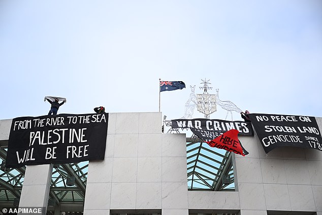 Pro-Palestinian protesters have climbed onto the roof of the Australian parliament