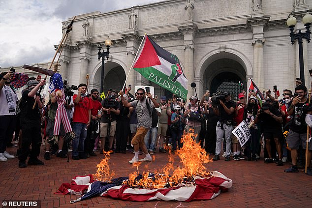 The American flag was reportedly taken down from a flagpole outside the Union Station train station in Washington DC before being set alight by anti-Israel protesters. The demonstration began outside Capitol Hill during Israeli Prime Minister Benjamin Netanyahu’s speech to Congress. Protesters then marched to the century-old train station and burned the flag and defaced monuments.