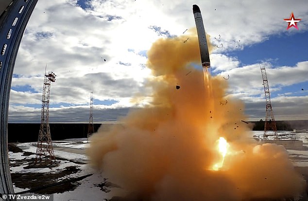 File photo shows a Russian Sarmat intercontinental ballistic missile launch on April 20, 2022