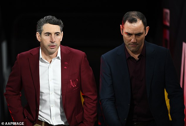 Slater, pictured left with former assistant coach Cameron Smith, is feeling the pressure ahead of State of Origin III in Brisbane