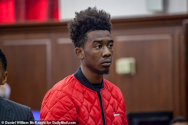 Rapper Desiigner, 26, admitted in court to exposing himself and masturbating on a flight in April of last year. He is pictured above in a Manhattan courtroom in 2016 after being charged with menacing, possession of a controlled substance and brandishing a weapon. Pictured in 2016