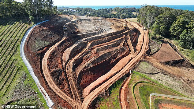 The Pacific Highway bypass at Coffs Harbour is expected to open to traffic in late 2026. The photo shows the current works between Bruxner Park Road and West Korora Road.