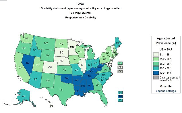 The map above is based on data submitted to the 2022 Behavioral Risk Factor Surveillance System (BRFSS), which collected reports of long-term Covid symptoms contributing to high rates of disability.