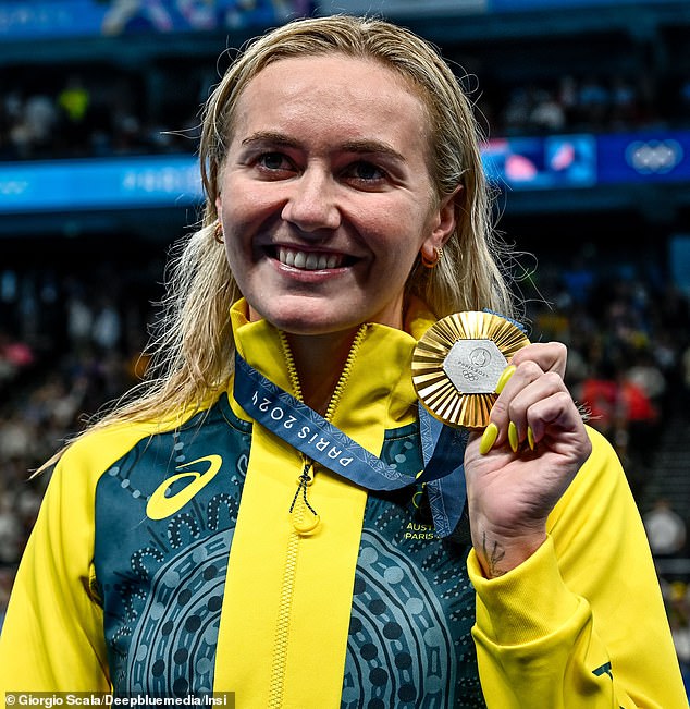 American news outlets have published a medal count showing the US leading the field, despite the fact that other countries won more gold medals in Paris (pictured is Australian Ariarne Titmus after beating American swimmer Katie Ledecky in the 400-meter freestyle final)