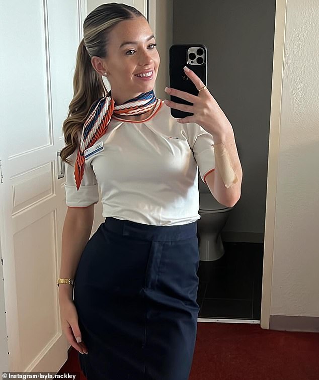 Rex Airlines flight attendant Layla Rackley (pictured) urged frustrated customers to arrange alternative flights and treat staff with kindness and patience