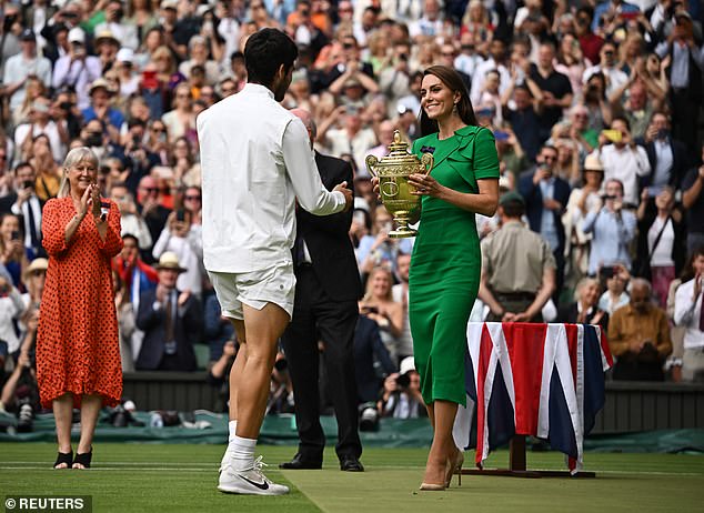 July 16, 2023 -- The Princess of Wales presents the trophy to Spaniard Carlos Alcaraz after he won the Wimbledon men's singles final against Serbia's Novak Djokovic