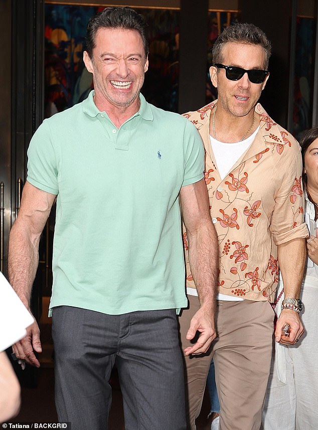 Hugh Jackman and Ryan Reynolds rocked matching pastel suits on Friday as they promoted their new film Deadpool & Wolverine in New York City