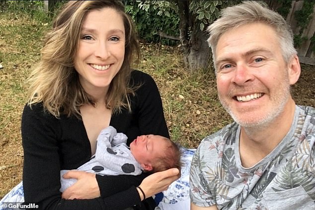 Sarah Tonkin (pictured left with baby Austin and her husband Gregor Jeffery) was killed when a truck tow section flew through her windscreen on a road in Victoria in 2019