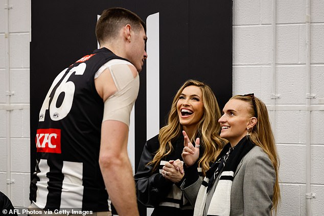 Braving the Victorian chill at the Melbourne Cricket Ground (MCG), the Selling Sunset star, 43, looked seriously chic in black jeans and a leather jacket. Pictured with Mason Cox