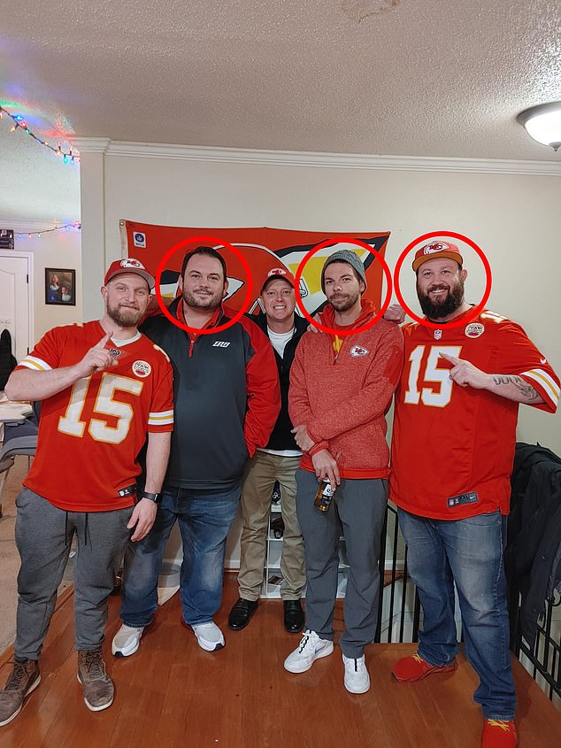 The bodies of David Harrington (second from left), Ricky Johnson (right) and Clayton McGeeney (second from right) were found in the backyard of their friend Jordan Willis's home in Kansas City, Missouri, in January.