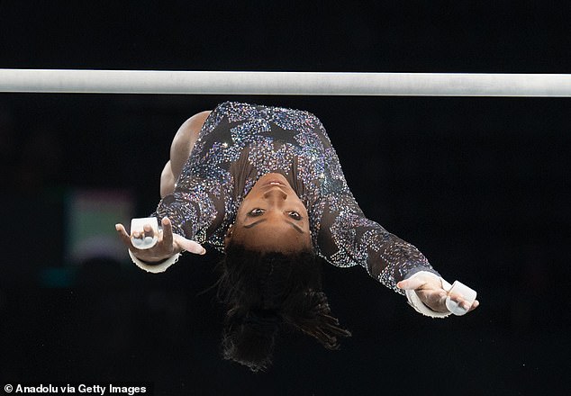 Team USA's Simone Biles competes in the women's gymnastics at the Bercy Arena