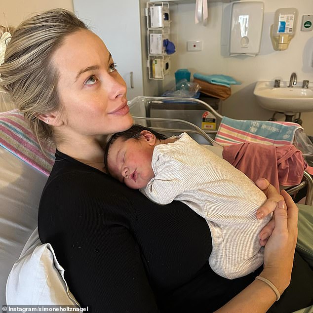 Simone Holtznagel has revealed details about her 'exhausting' two-hour labour, telling how her daughter Gia was a 'big' baby at eight and a half pounds, making it a difficult process