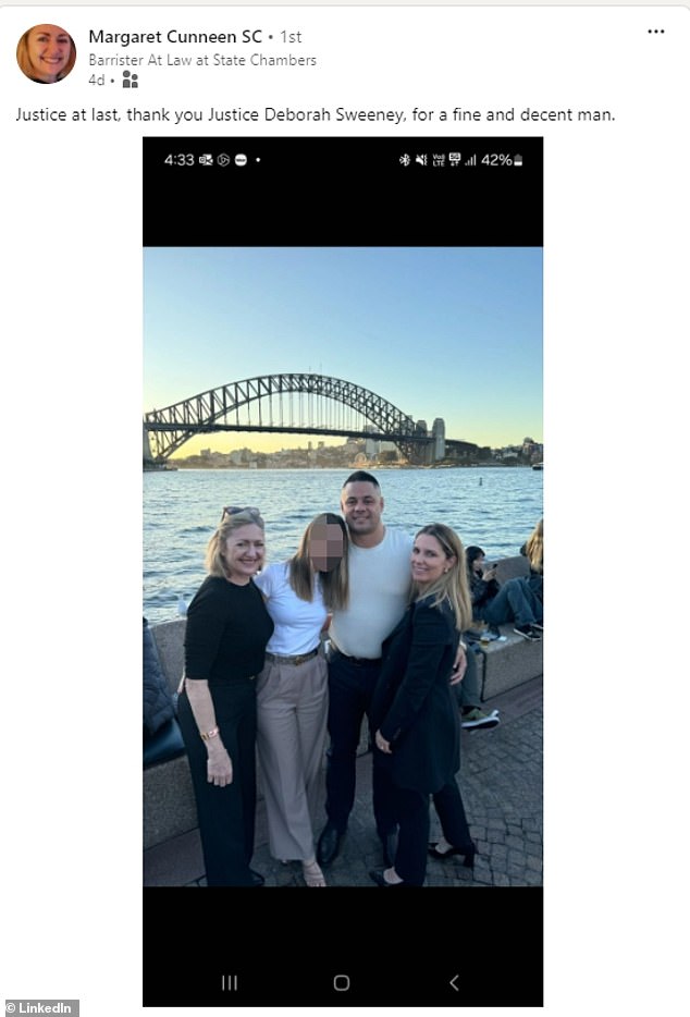 Senior Sydney barrister Margaret Cunneen SC shared this photo of Jarryd Hayne, his wife Amellia Bonnici (centre) and barrister Lauren McDougall last week. Her description of the ex-footballer as a 'nice and decent man' irritated