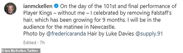 On the day of the 101st and final performance of Player Kings ¿without me¿ I celebrated by removing Falstaff's hair, which had been growing for 9 months, he wrote