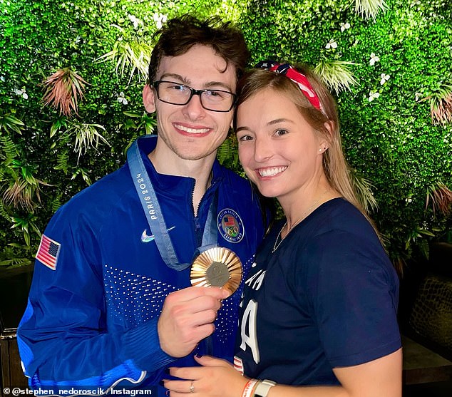 Stephen Nedoroscik - pictured with his girlfriend Tess - won bronze in gymnastics in Paris