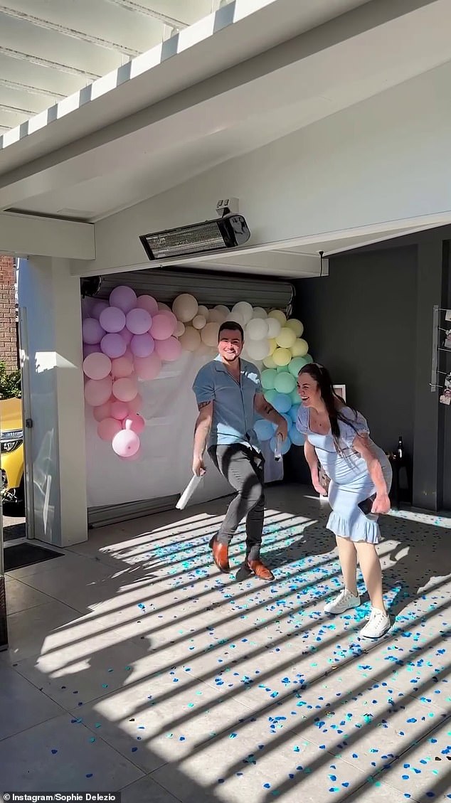 The miraculous survivor of a double car crash gave a glimpse into the festivities, right up to the moment she dropped blue confetti that revealed she's having a boy