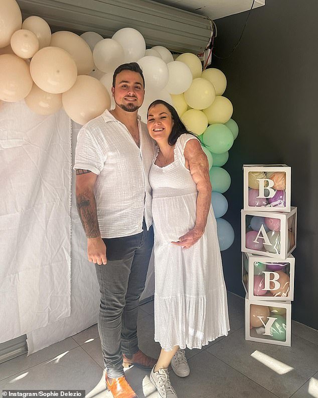 Sophie Delezio is pregnant with her first child and she celebrated with a gender reveal party this week. Pictured with partner Joseph