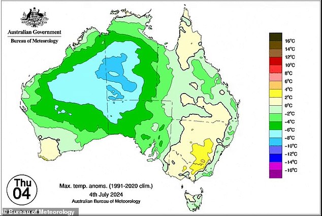 Temperatures are expected to drop 2 to 6 degrees below average in south-eastern Australia and 6 to 10 degrees below average in parts of the Northern Territory, South Australia and Western Australia