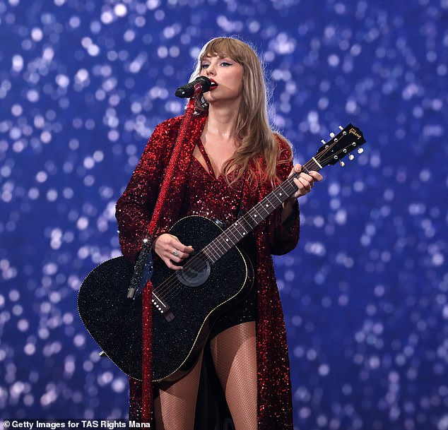 Taylor Swift, 34, tied her personal best on the Billboard 200 albums chart this week with an 11th week at number one for her latest album The Tortured Poets Department, Billboard reported Sunday; seen on July 5 in Amsterdam, Netherlands