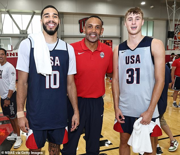 Three generations of Duke Basketball players (left to right): Jayson Tatum, Grant Hill and Flagg