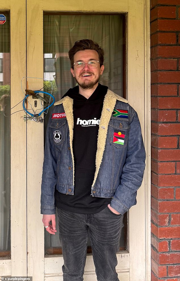 Rent defender Jordan van den Berg (pictured) has angered baby boomer homeowners by posing in front of a vacant house that was locked with crooked clothes hangers and padlocks