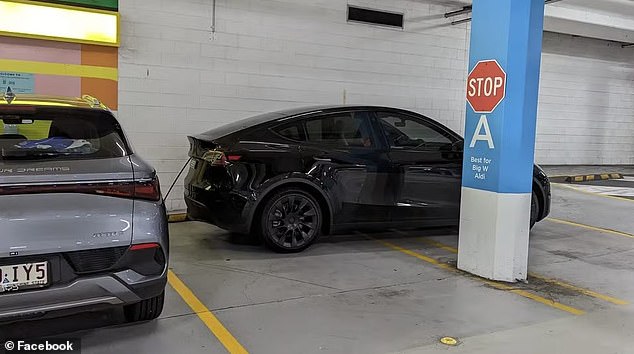 The BYD driver's selfish act and other similar recent incidents have raised questions about the etiquette surrounding electric vehicles. Pictured: An EV parked in multiple spots at a Queensland shopping centre in May