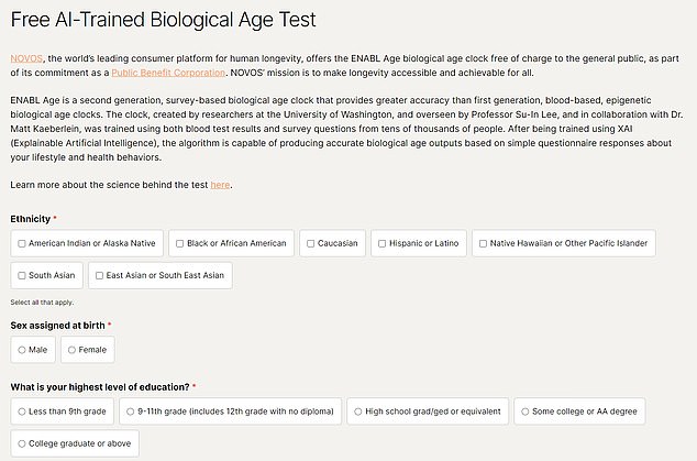 Above is a screenshot of the test, which estimates biological age through 24 questions