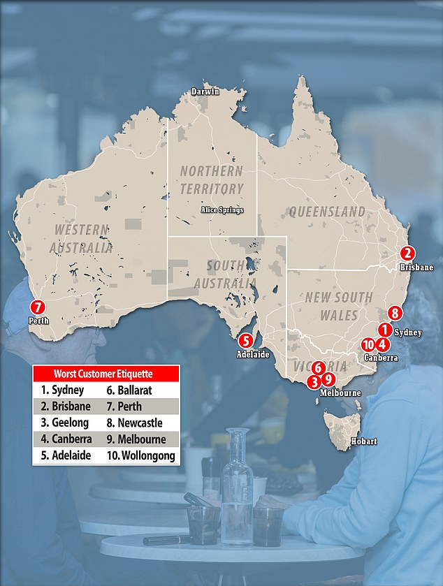 BizCover, Australia's leading online insurance service for small businesses, found that Sydney has the rudest customers in the country (pictured is a map showing the cities with the 'worst' customers)