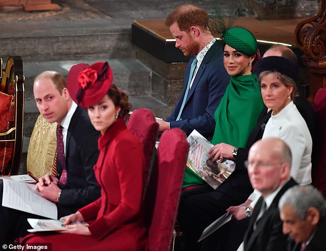 Sophie was previously responsible for Meghan, as she was of a higher rank than her (pictured at the Commonwealth Day Service in 2020)