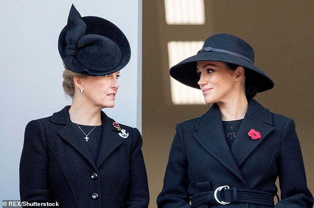 Meghan Markle is pictured next to Sophie, then Countess of Wessex, on Remembrance Day in 2019