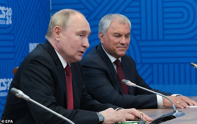 Duma Speaker Vyacheslav Volodin (right with Vladimir Putin) claimed that Biden 'has caused problems all over the world'