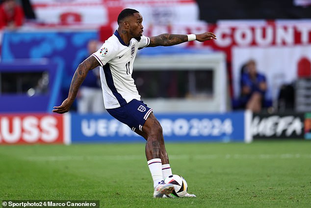 Ivan Toney of England in action during the Euro 2024 quarter-final between England and Switzerland at Arena Düsseldorf on July 6, 2024 in Düsseldorf, Germany