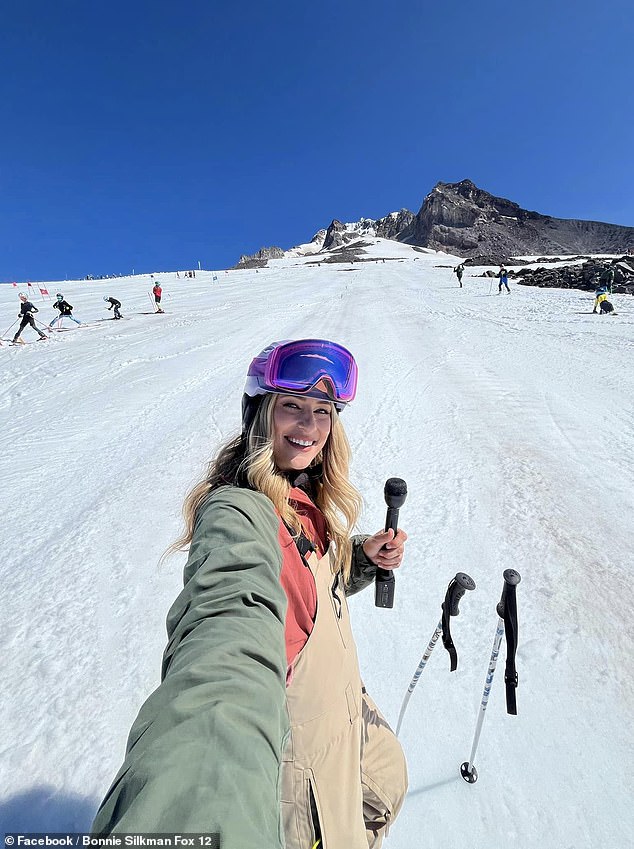 KPTV reporter Bonnie Silkman (pictured) shared a photo from a trip to Mt. Hood this week, showing plenty of snow and skiers, despite visiting in July