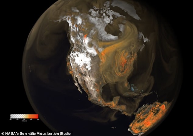 The more intense emissions (with higher intensity of CO2 molecules) appear as a deeper reddish-orange color