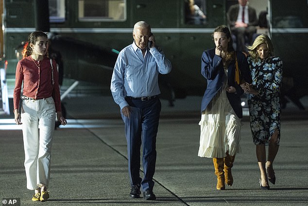 Joe Biden pictured with his family.  From left to right: Natalie Biden, Finnegan Biden and the First Lady Jill.  Jill supports her husband despite the president's disastrous debate