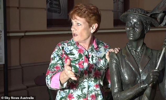 Pauline Hanson (pictured) claimed she told a local council officer to 'fuck off' after she was allegedly banned from filming an interview next to a statue of Mary Poppins