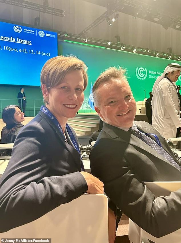 Chris Bowen is pictured with Assistant Minister for Climate Change Jenny McAllister at COP28 in December 2023