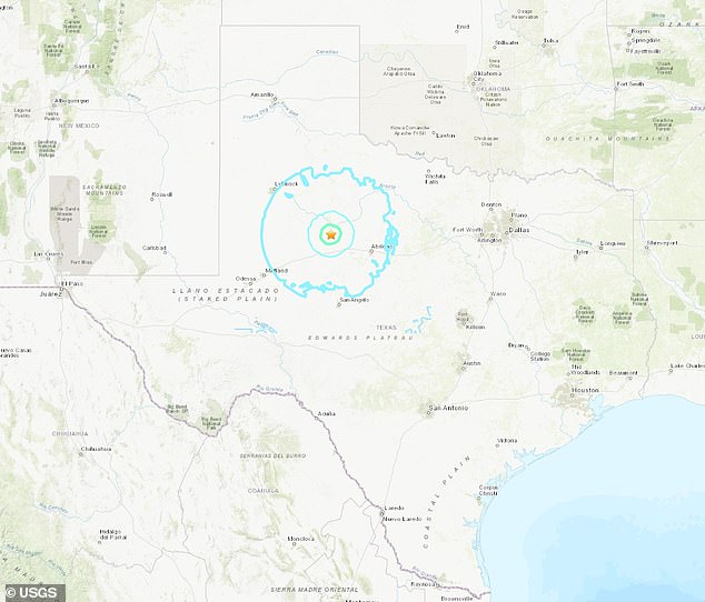 The USGS released a map with a star pointing to the epicenter where the quake started, near Hermleigh, and the blue outline showing where the immediate shock extended