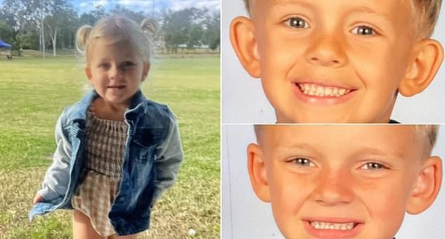 The photo shows three children who Queensland police say are missing and may be at high risk