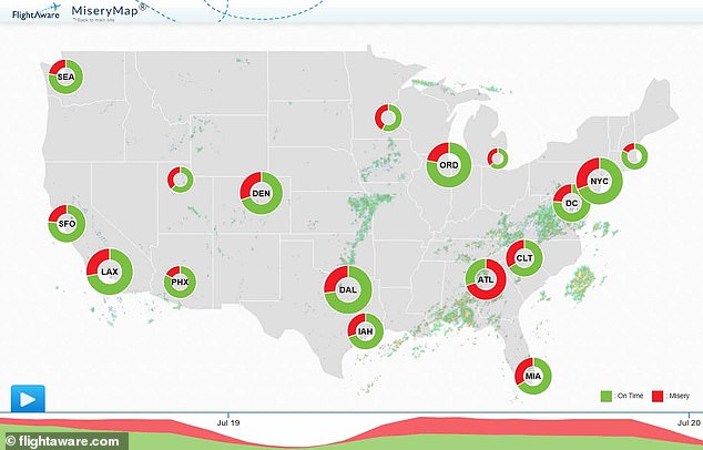 It's another day of misery for air passengers as more than 24,000 flights have been delayed and nearly 2,000 cancelled, a misery map shows