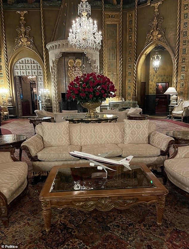 The mockup of Donald Trump's proposed overhaul of Air Force One's paint scheme once displayed on a coffee table in the Oval Office lobby at Mar-A-Lago