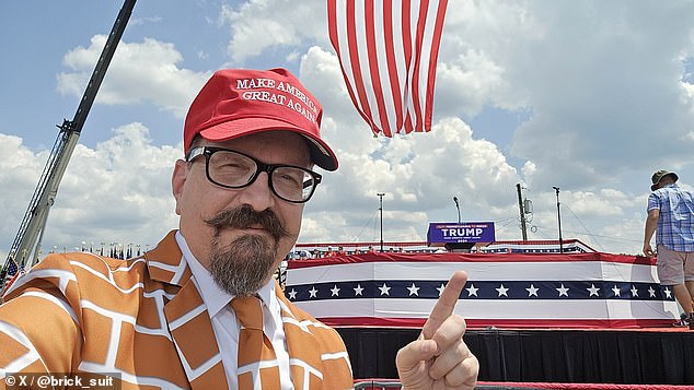 Blake Marnell is a regular at Trump rallies in his brick suit. He was in the front row on Saturday and posted this photo hours before Trump took the stage