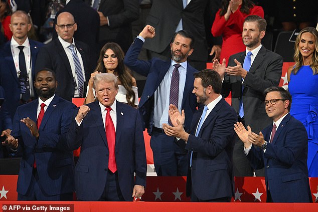 Donald Trump was greeted by family and close allies on Monday night during a long and jolly entrance at the Republican National Convention in Milwaukee, Wisconsin