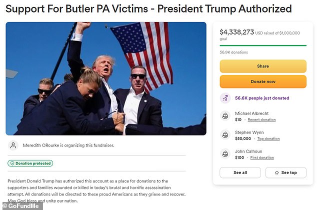 Donald Trump's campaign has raised more than $4 million for the families of the three men killed or injured in Saturday's assassination attempt.